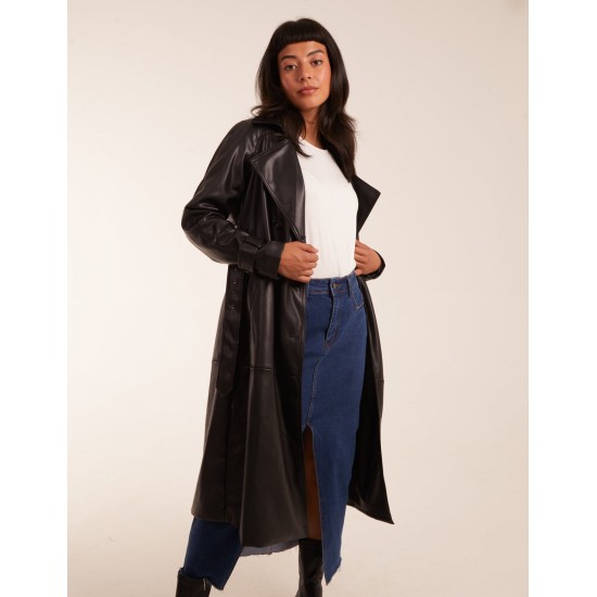 Faux Leather Belted Trench Coat