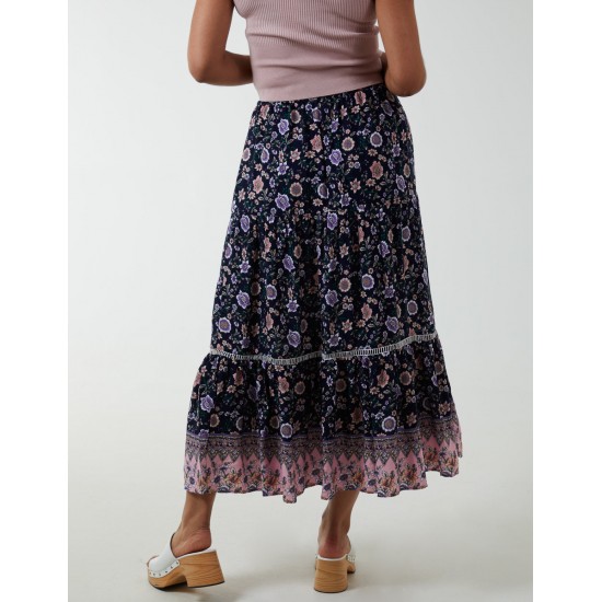 Elasticated Waistband Tiered Midi Skirt