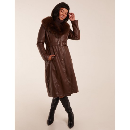 Longline Leather Look Faux Fur Coat