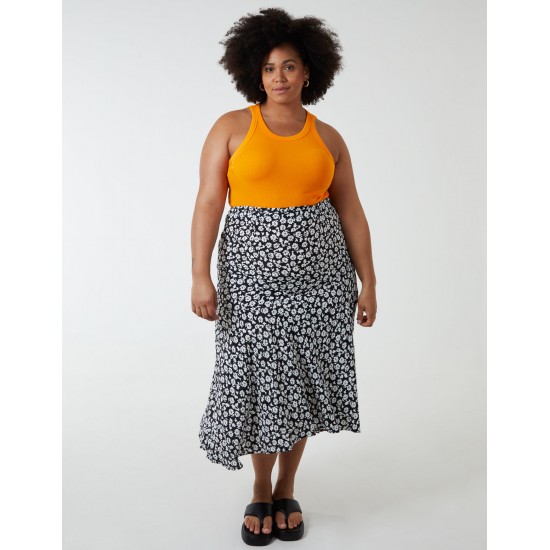 Curve Asymmetric Seam Midi Skirt