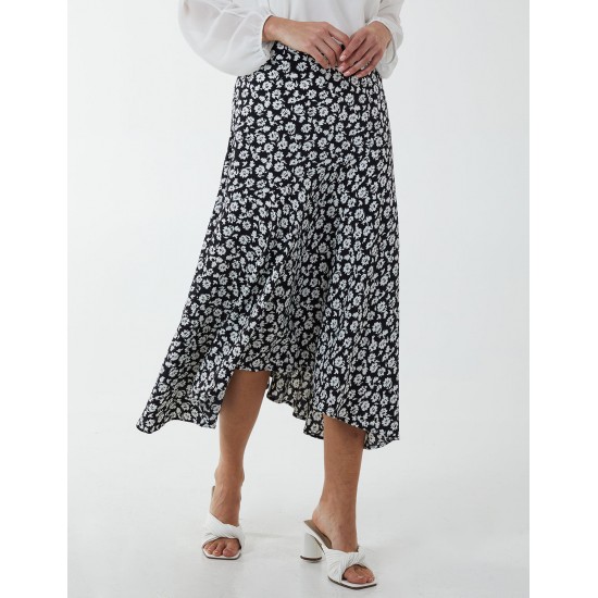 Floral Print Asymmetric Midi Skirt