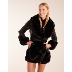 Faux Fur Collar PU Belted Coat