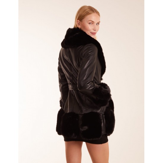 Faux Fur Collar PU Belted Coat